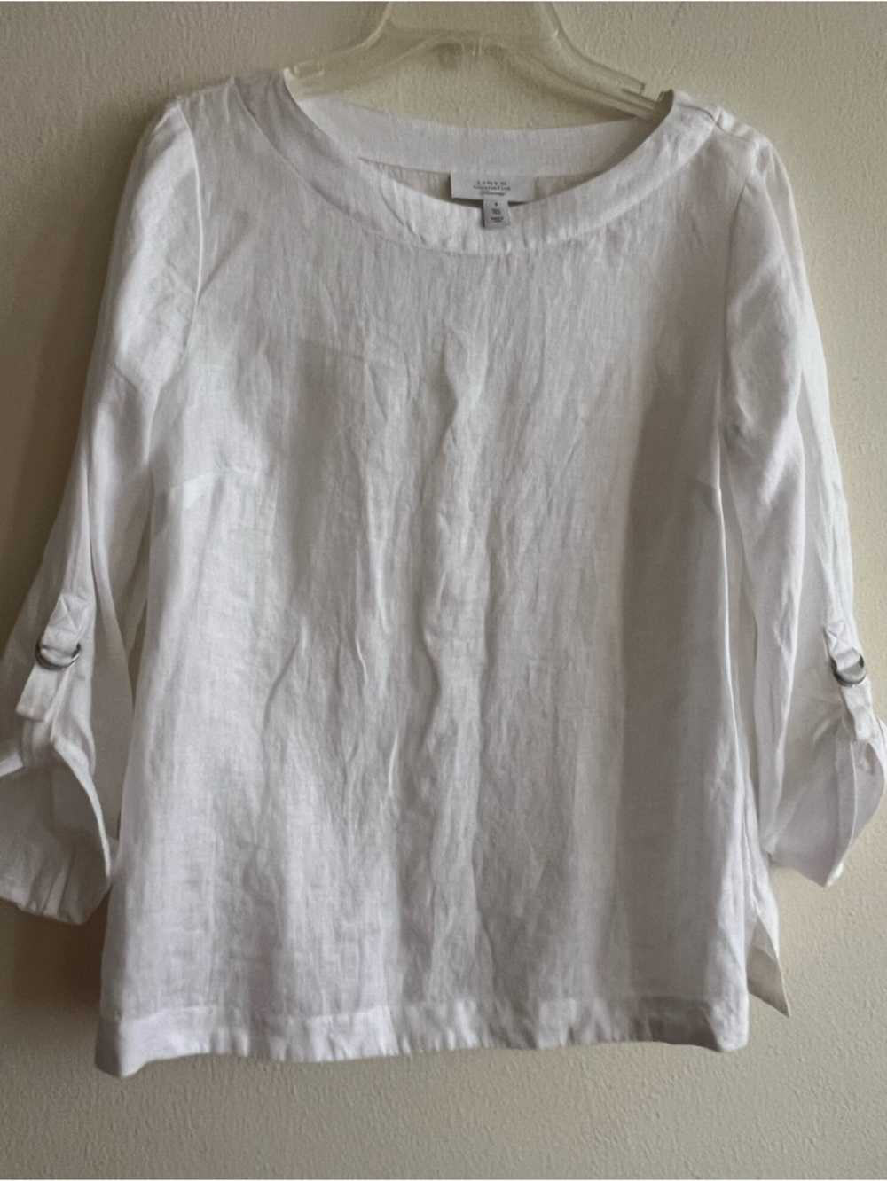 New 100% Linen Charter Club luxury White Round Neck Roll-Sleeve Blouse Size S - Picture 7 of 10